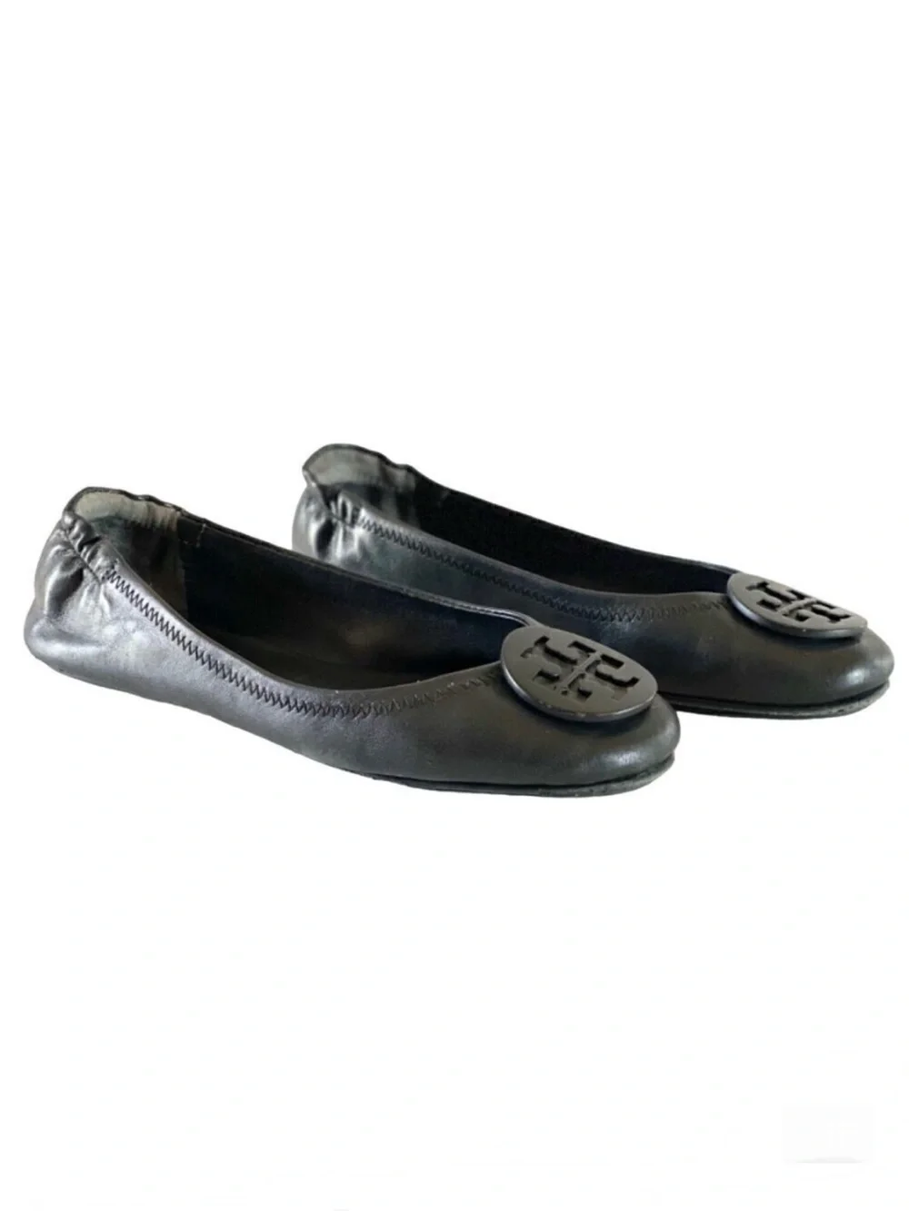Tory Burch Minnie Travel Ballet Flats 6.5 Black Napa Leather Logo Shoes‎